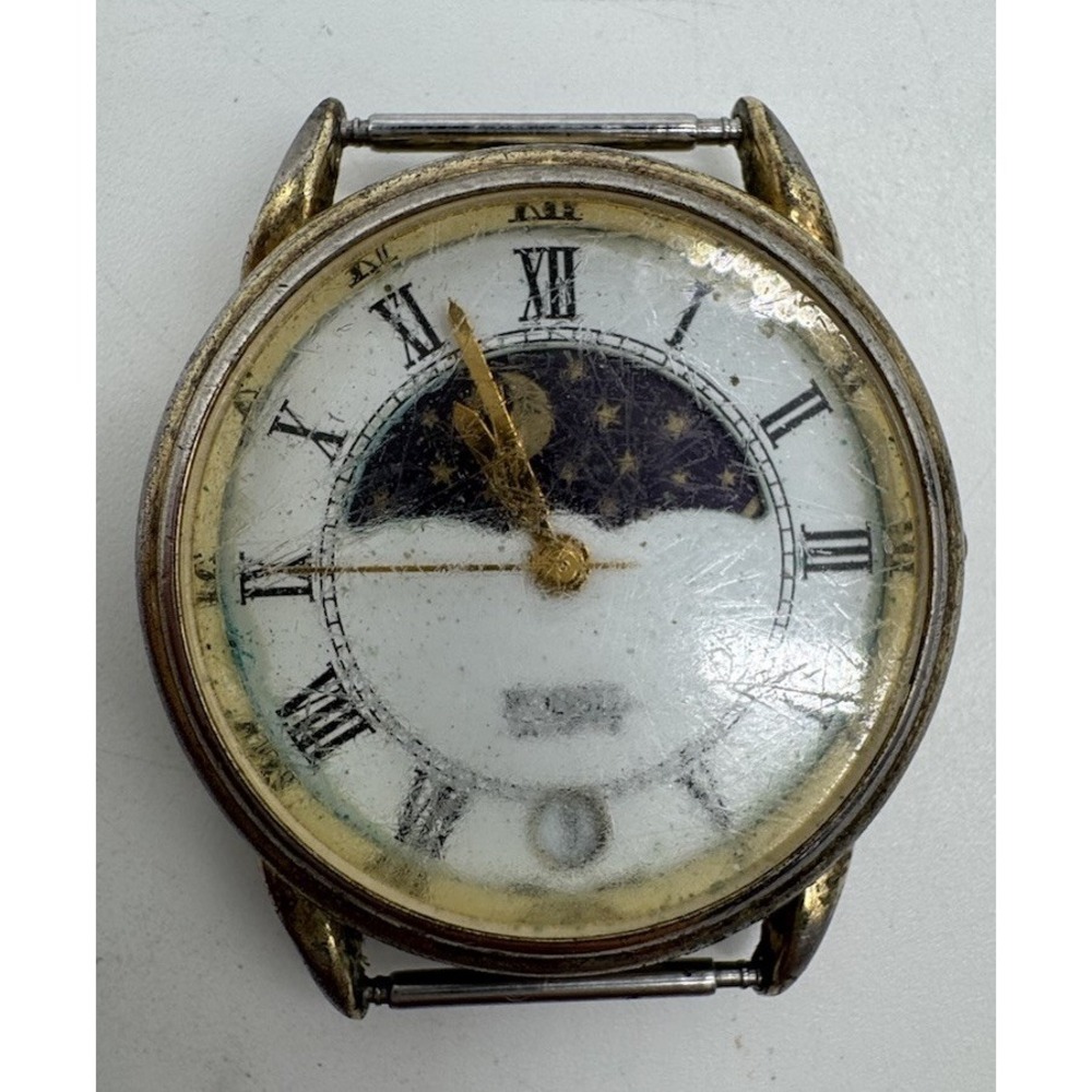 Vintage Fossil World Moon Phase Watch Head Gold Tone Roman Numeral For Parts